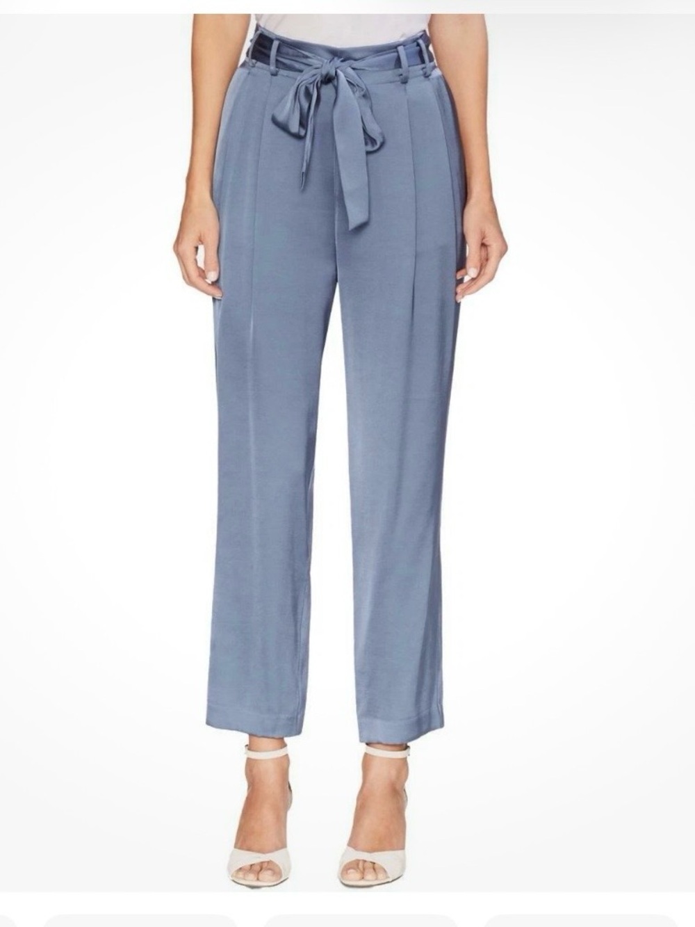 Vince Camuto Dusty Blue Satin Paperbag Waist Straight Leg Pants